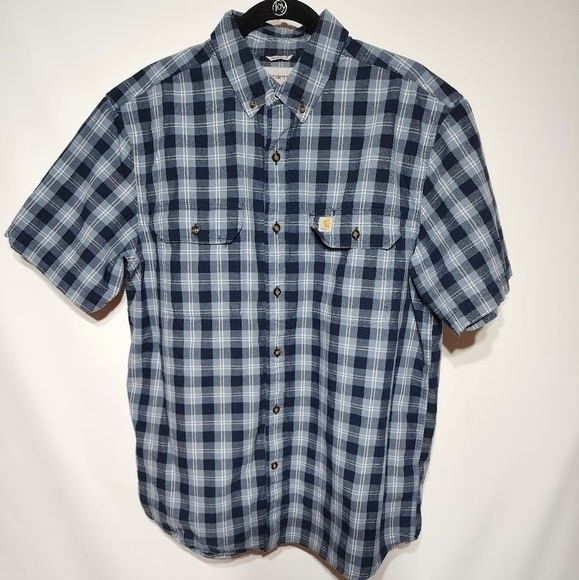 Carhartt Relaxed Fit Men's Short Sleeve Blue Plaid Button-Down Shirt Size Large - Picture 13 of 14
